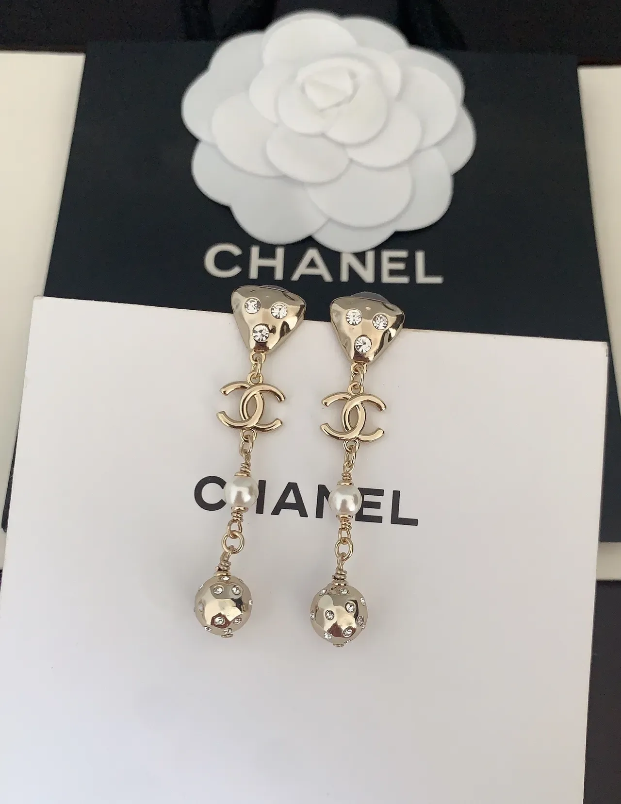 Chanel Gold White Metal Pearl Drop Earrings 3