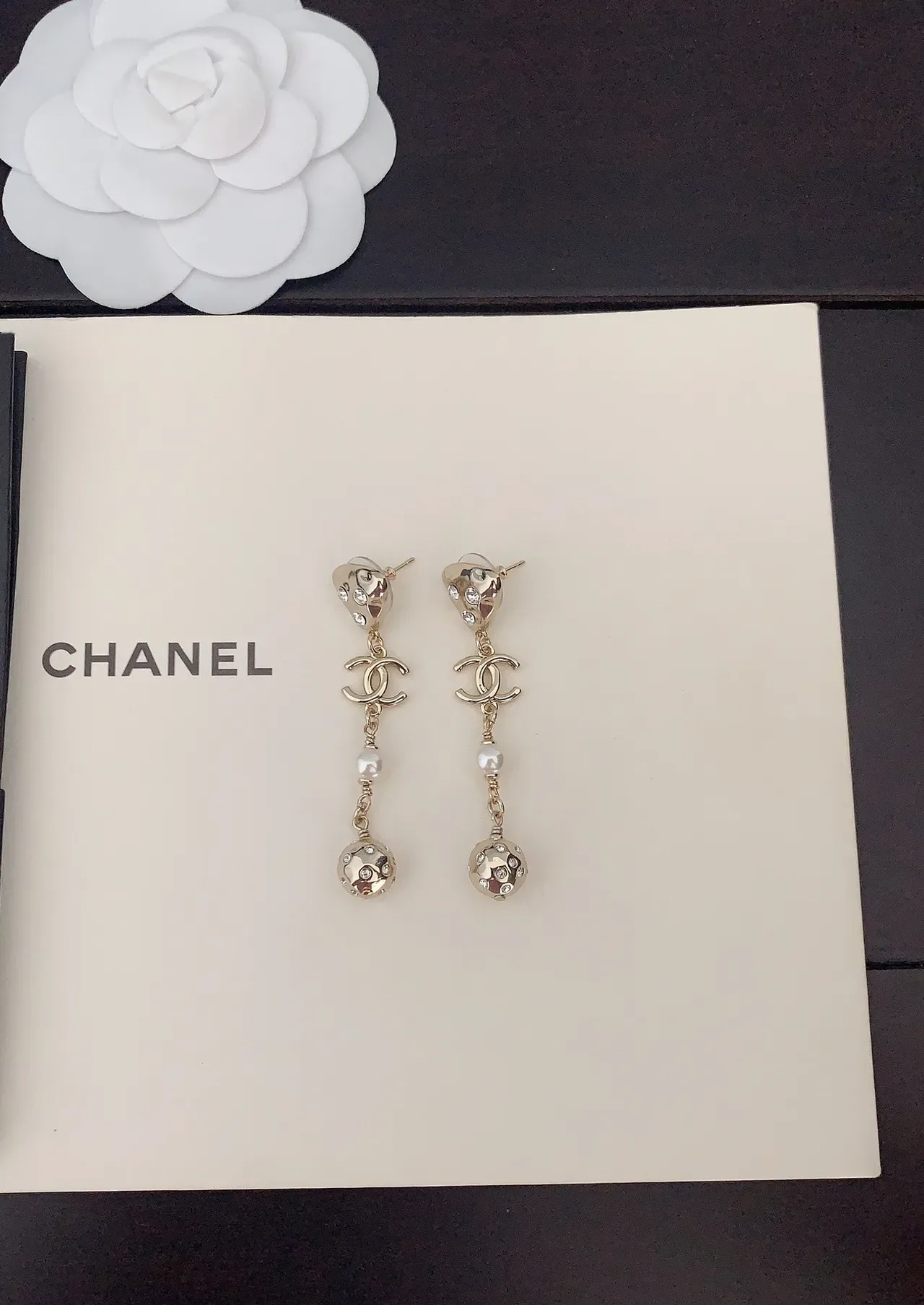 Chanel Gold White Metal Pearl Drop Earrings 4