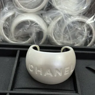 Chanel Logo Cuff Bracelet White Pearlescent Resin Bracelet