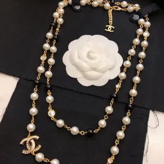 Chanel Long Pearl Necklace White Gold Chain Interlocking CC Logo Charms Necklace
