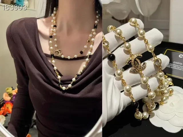Chanel Long Pearl Necklace White Gold Chain Interlocking CC Logo Charms Necklace 2