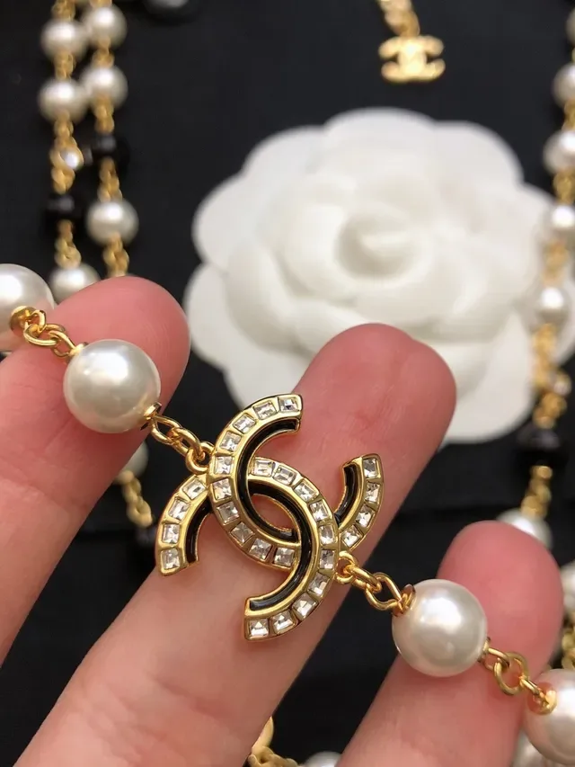 Chanel Long Pearl Necklace White Gold Chain Interlocking CC Logo Charms Necklace 8