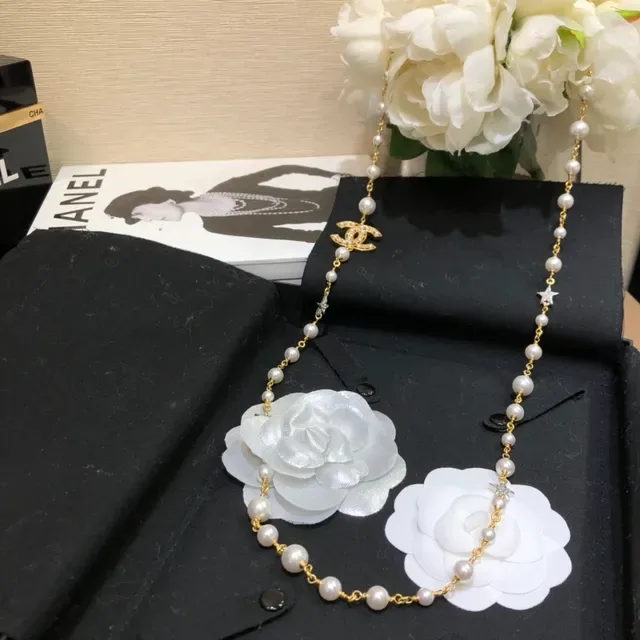 Chanel Pearl and CC Logo Necklace White Gold Double-Strand Chain Pendant Necklace 2