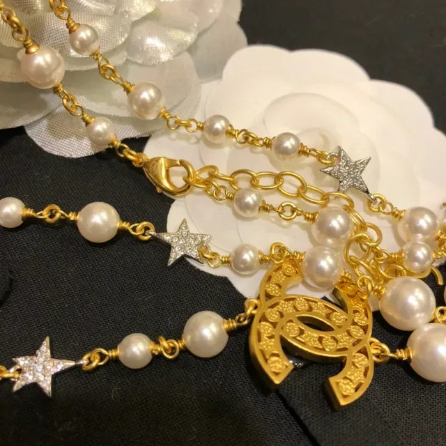Chanel Pearl and CC Logo Necklace White Gold Double-Strand Chain Pendant Necklace 6