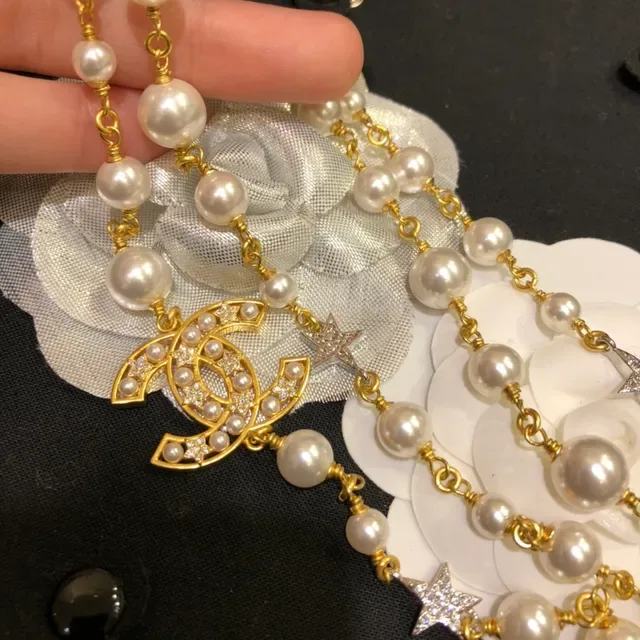 Chanel Pearl and CC Logo Necklace White Gold Double-Strand Chain Pendant Necklace 7