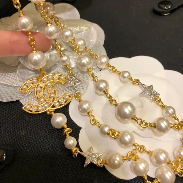 Chanel Pearl and CC Logo Necklace White Gold Double-Strand Chain Pendant Necklace 8