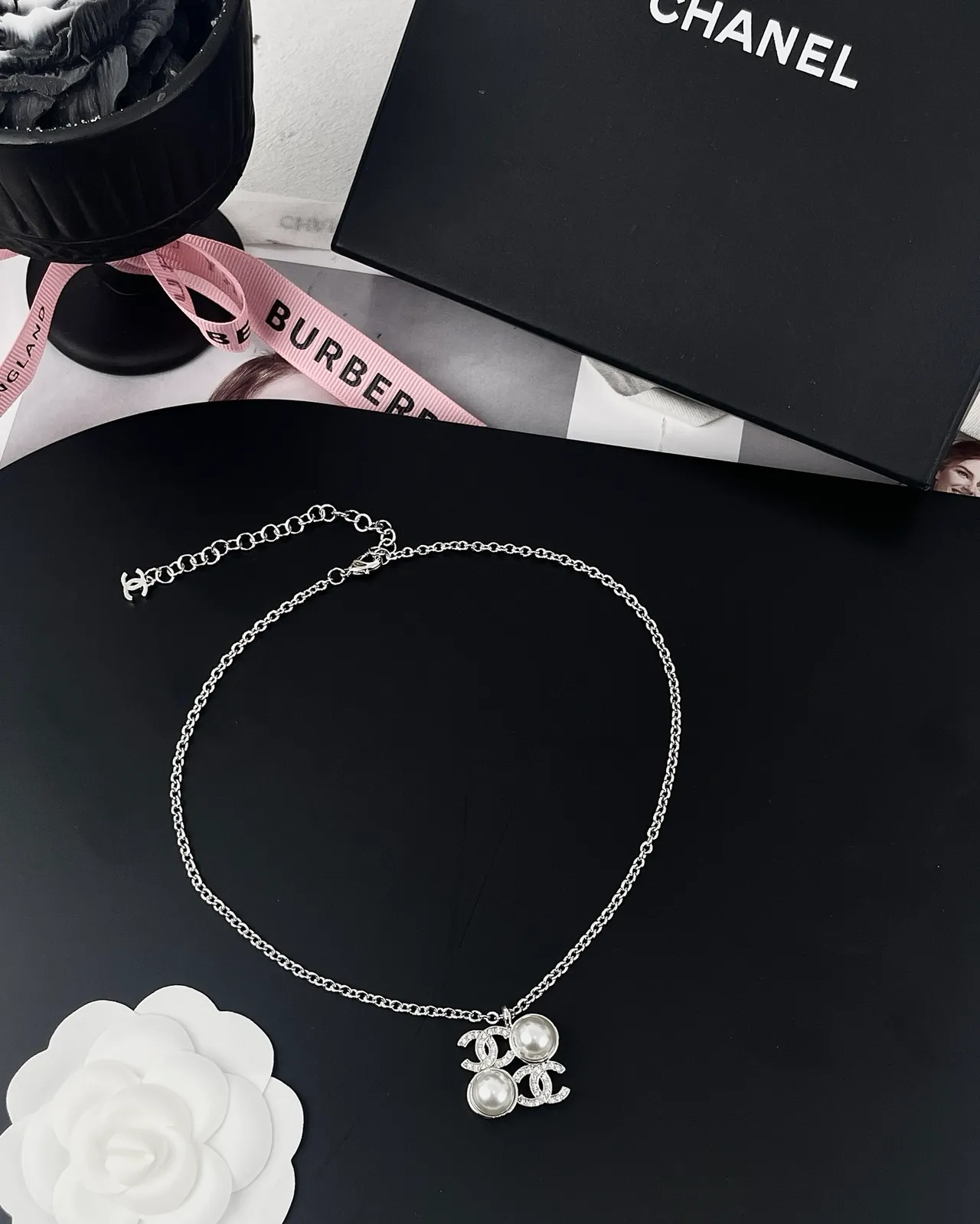 Chanel Pearl & CC Silver White Interlocking Logo Double Accent Necklace 5