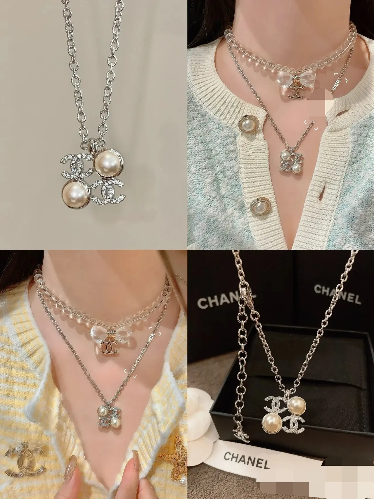Chanel Pearl & CC Silver White Interlocking Logo Double Accent Necklace 7