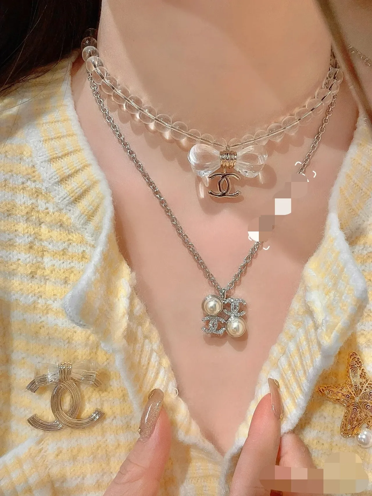 Chanel Pearl & CC Silver White Interlocking Logo Double Accent Necklace 8