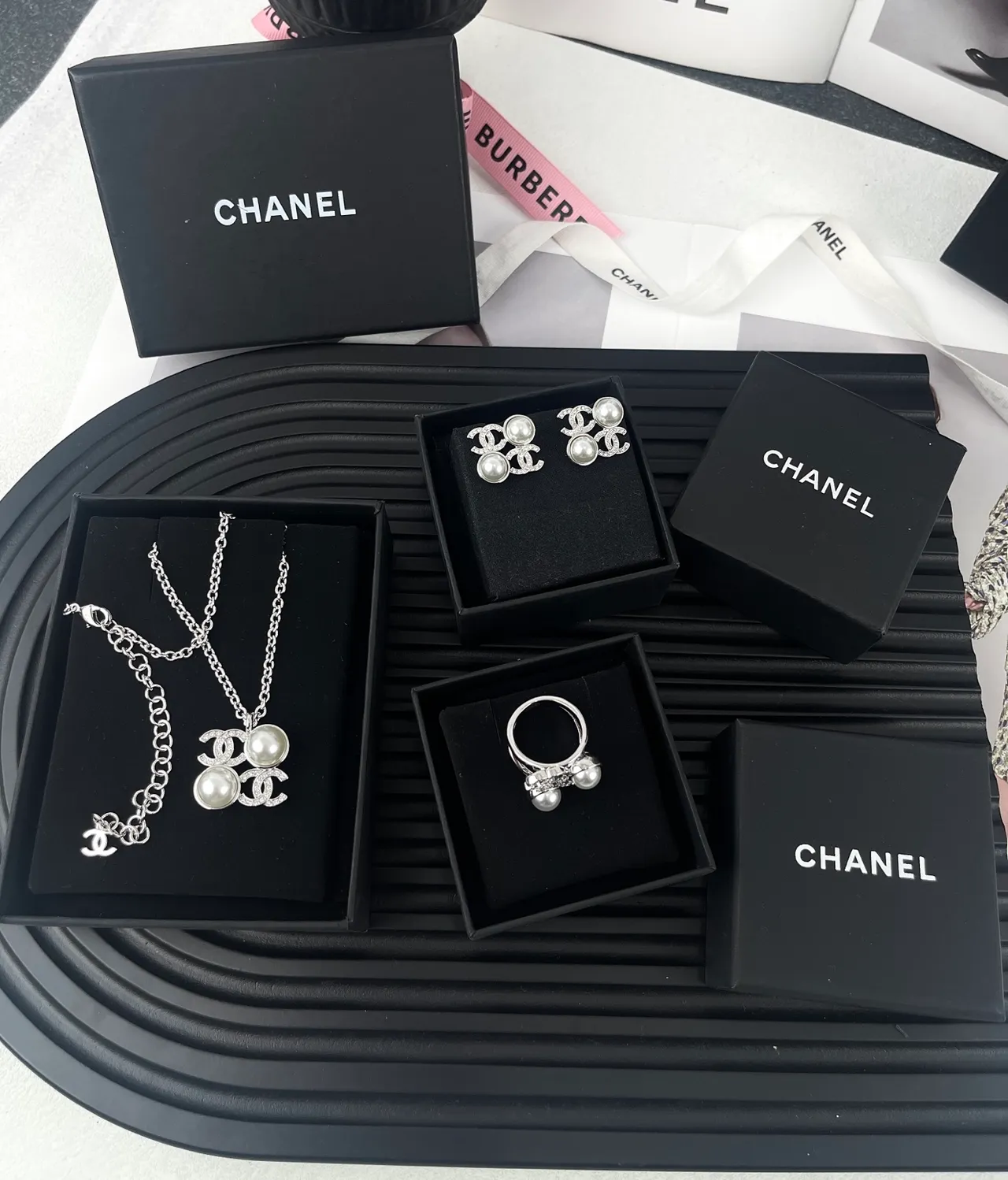Chanel Pearl & CC Silver White Interlocking Logo Double Accent Necklace 10