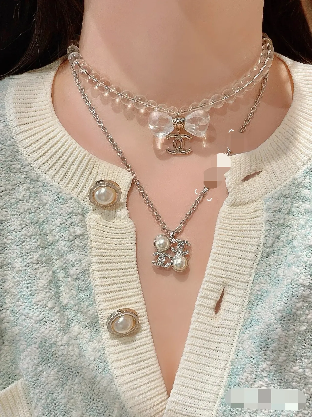 Chanel Pearl & CC Silver White Interlocking Logo Double Accent Necklace 12