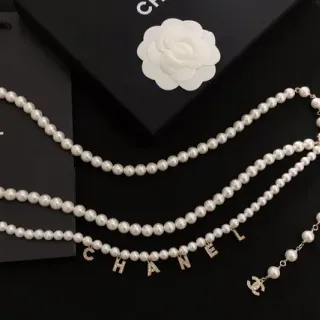 Chanel Pearl Letter Charm Necklace White Gold Multi-Strand Necklace