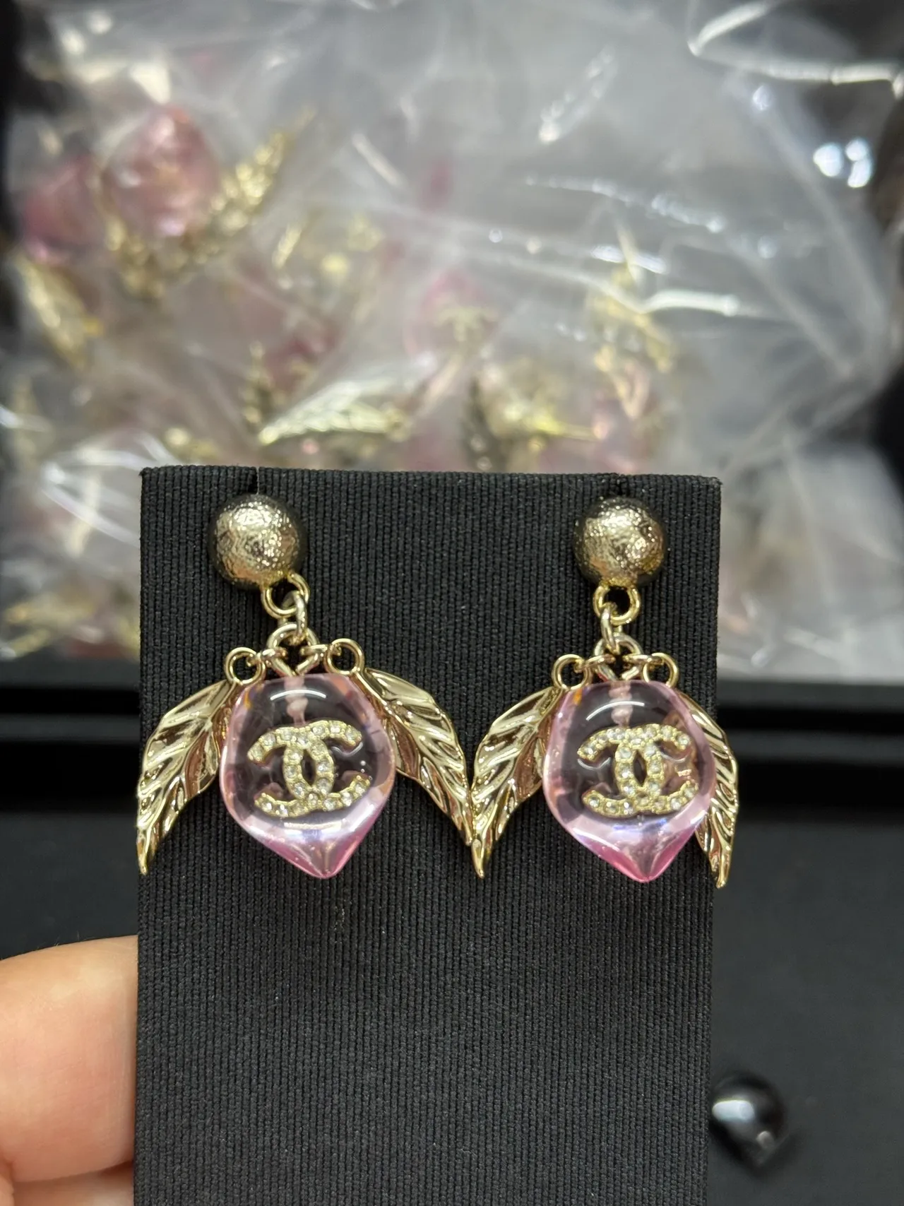Chanel Pink Resin CC Leaf Drop Earrings 3