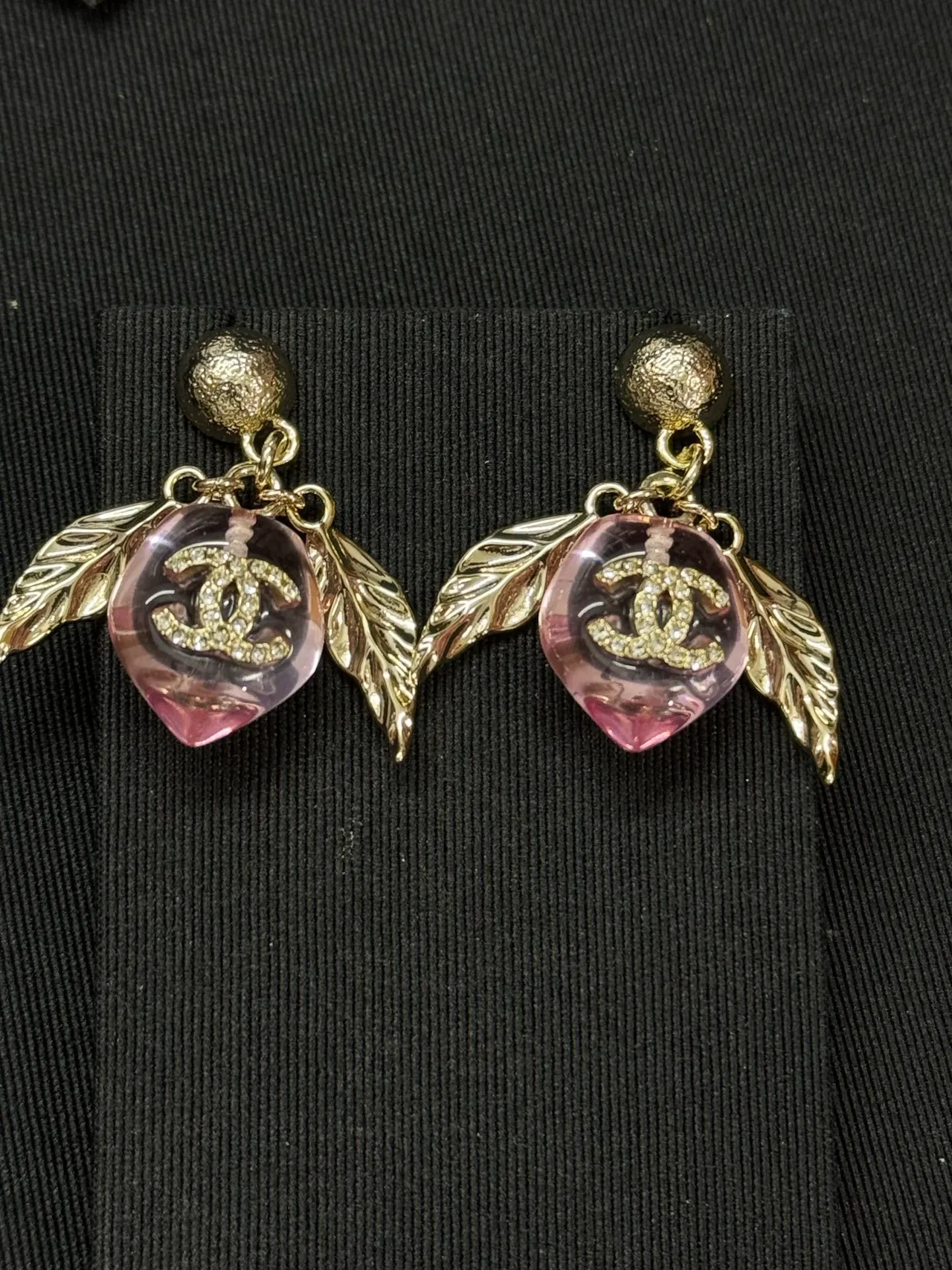 Chanel Pink Resin CC Leaf Drop Earrings 4