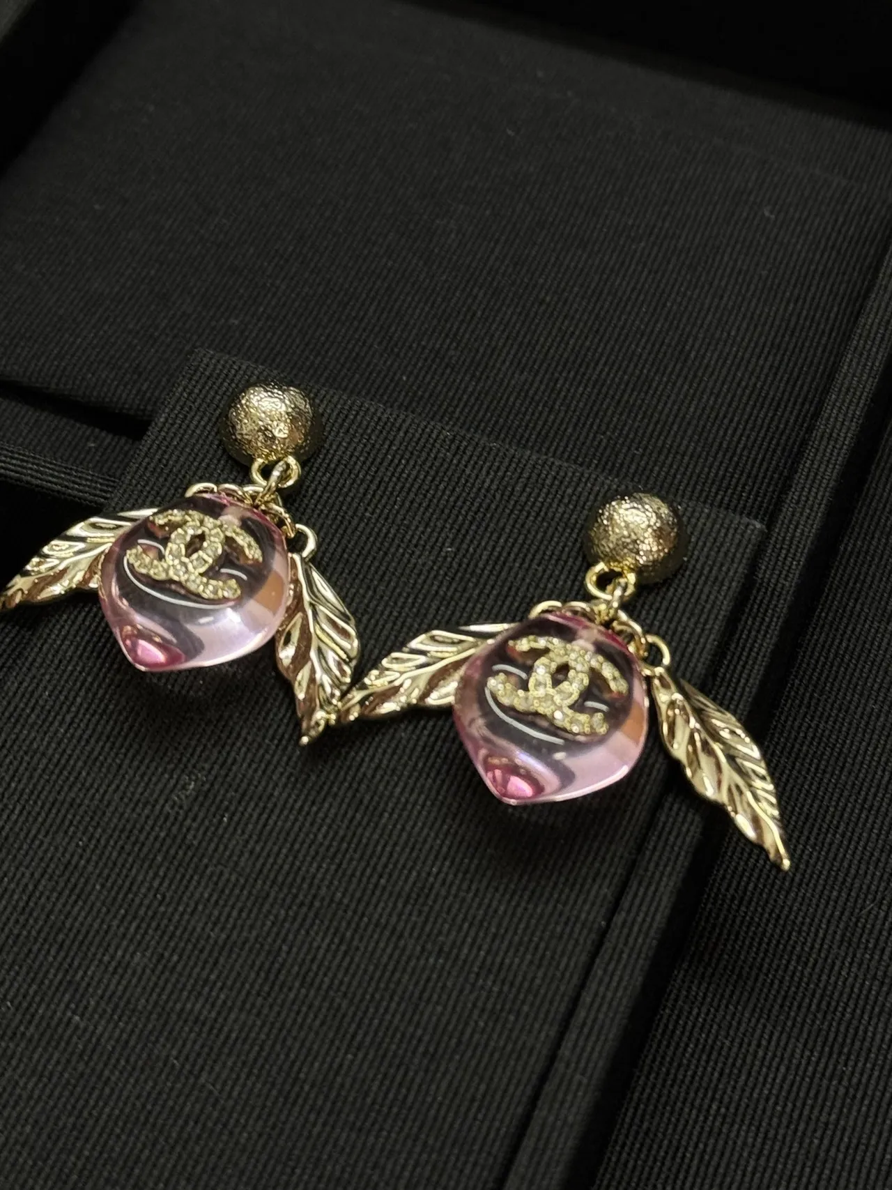 Chanel Pink Resin CC Leaf Drop Earrings 2