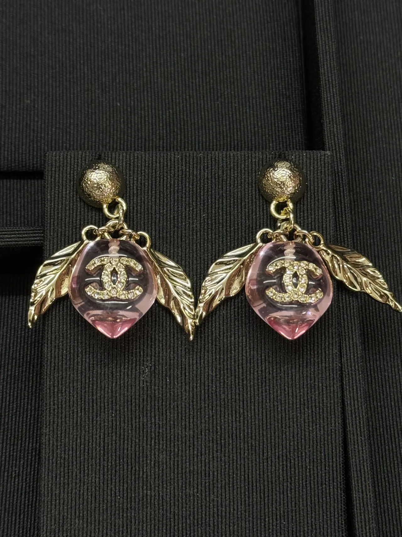 Chanel Pink Resin CC Leaf Drop Earrings 5