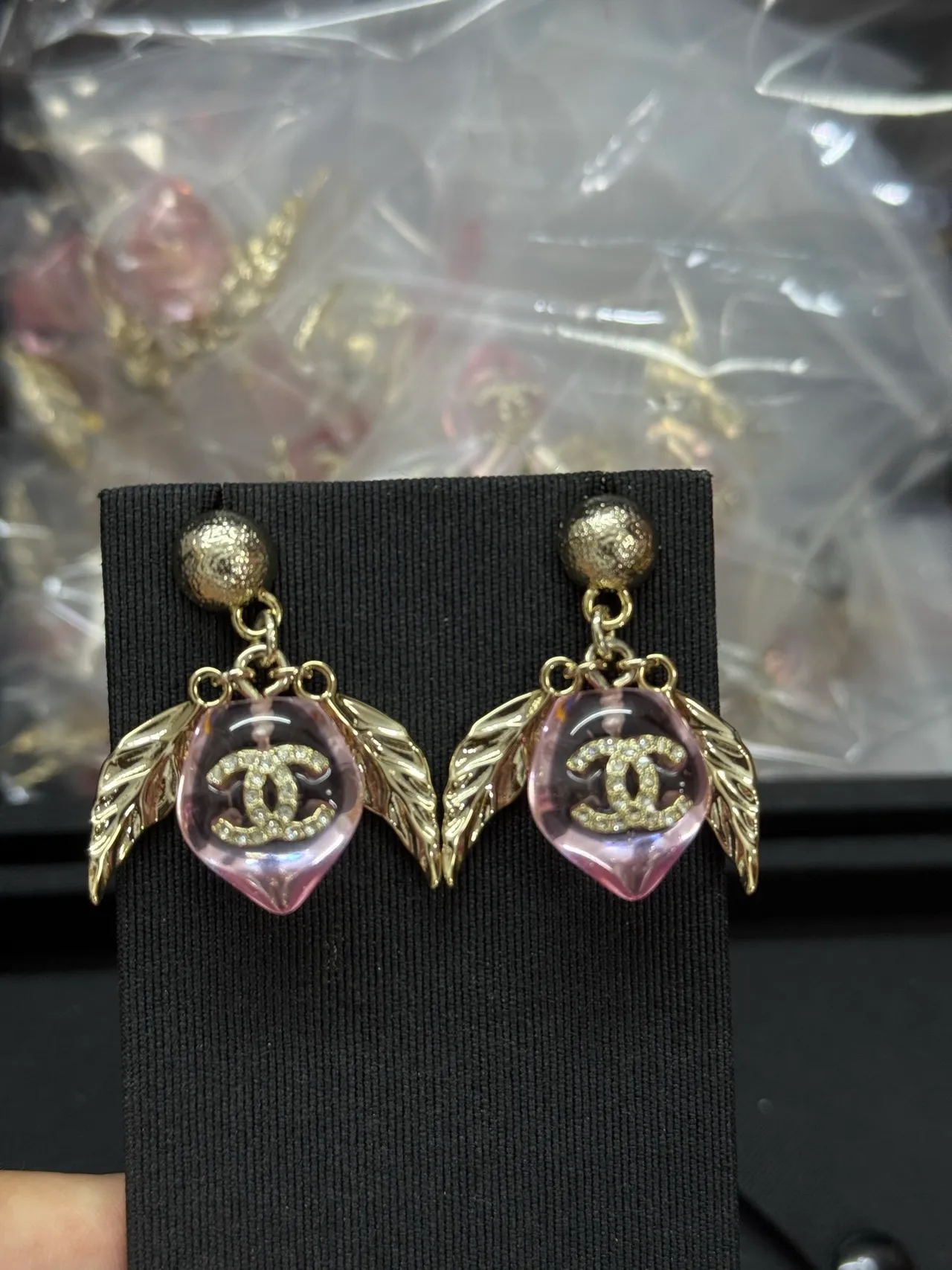 Chanel Pink Resin CC Leaf Drop Earrings 6