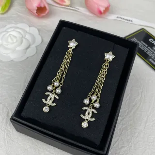 Chanel Star Pearl Chain Drop Earrings