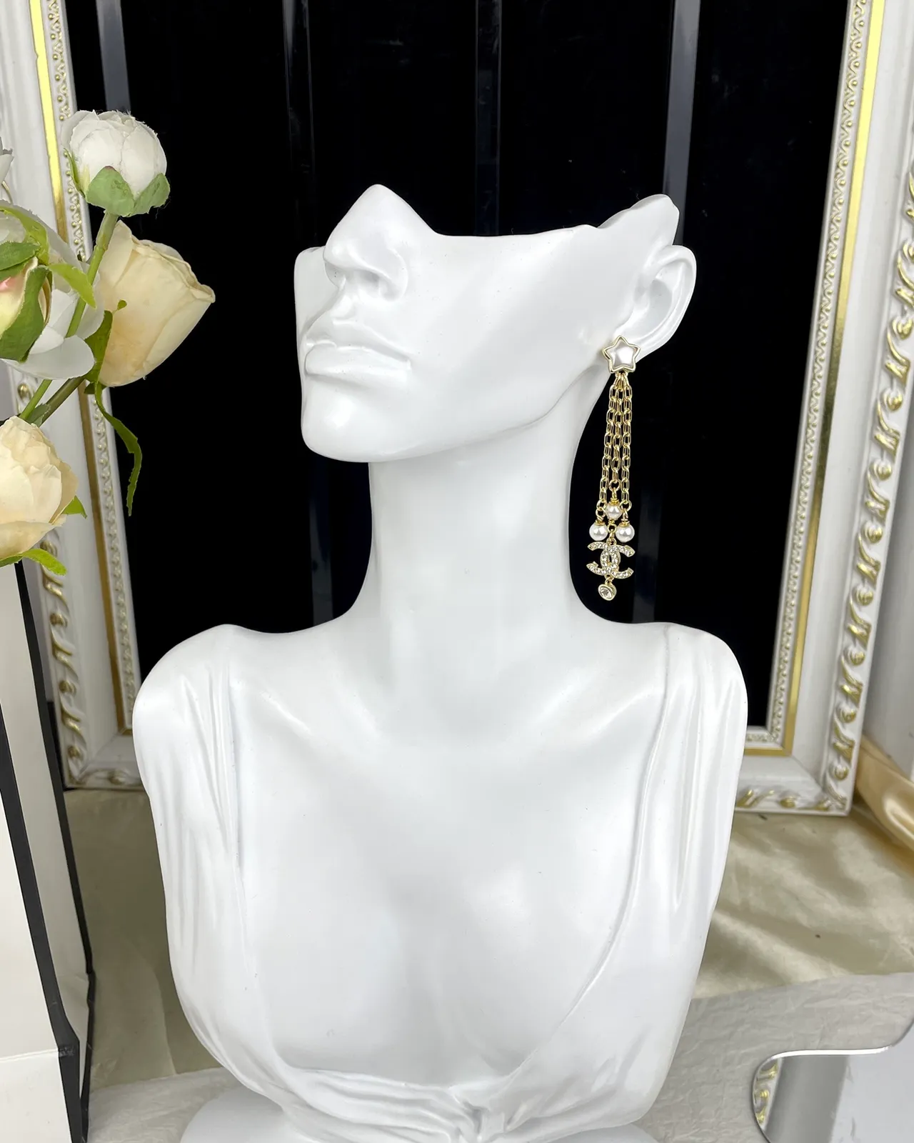 Chanel Star Pearl Chain Drop Earrings 3