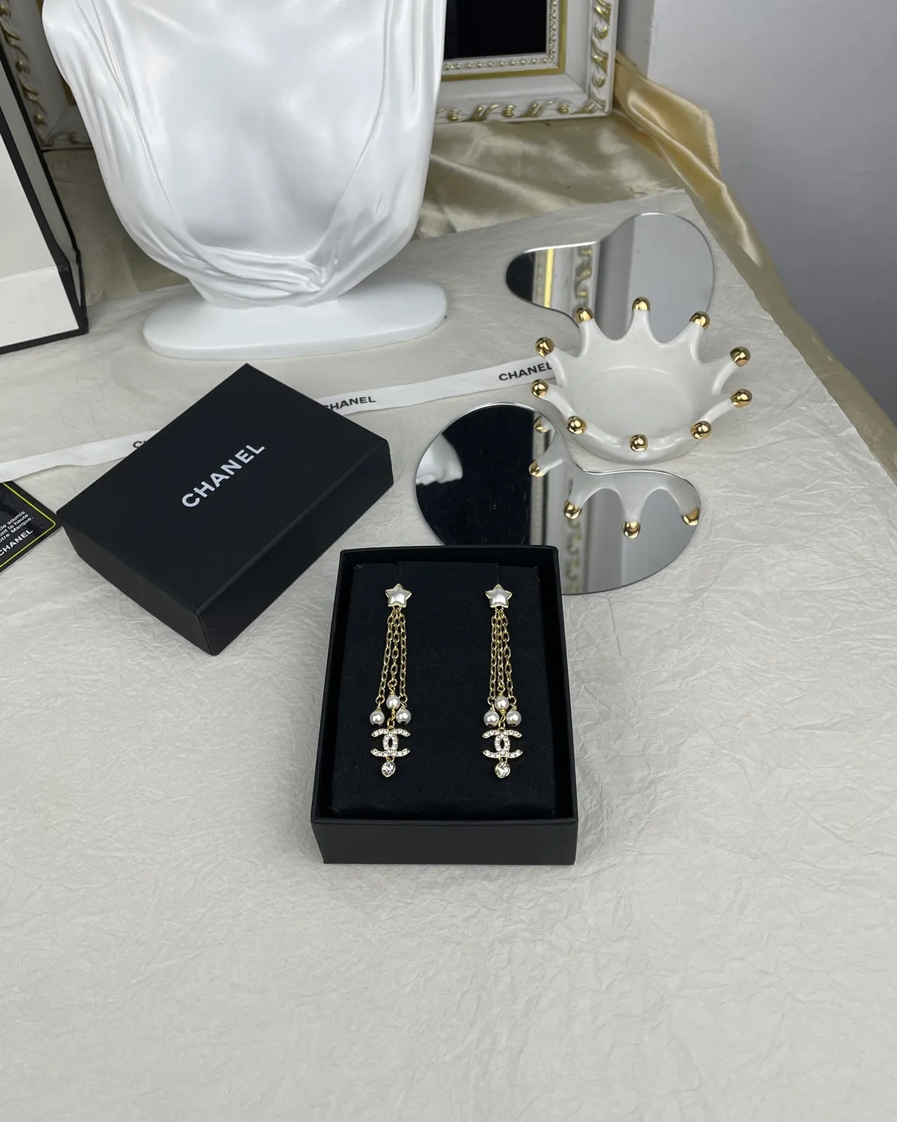 Chanel Star Pearl Chain Drop Earrings 4
