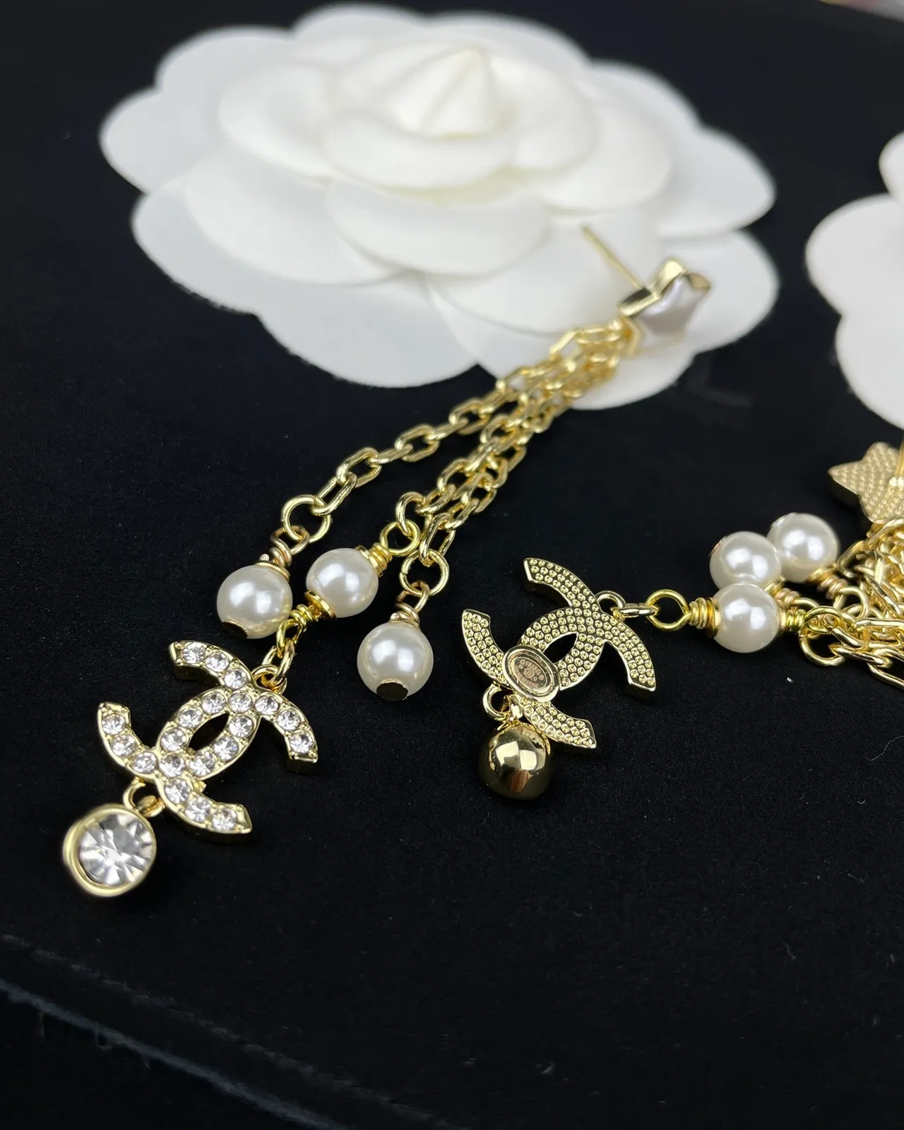 Chanel Star Pearl Chain Drop Earrings 5