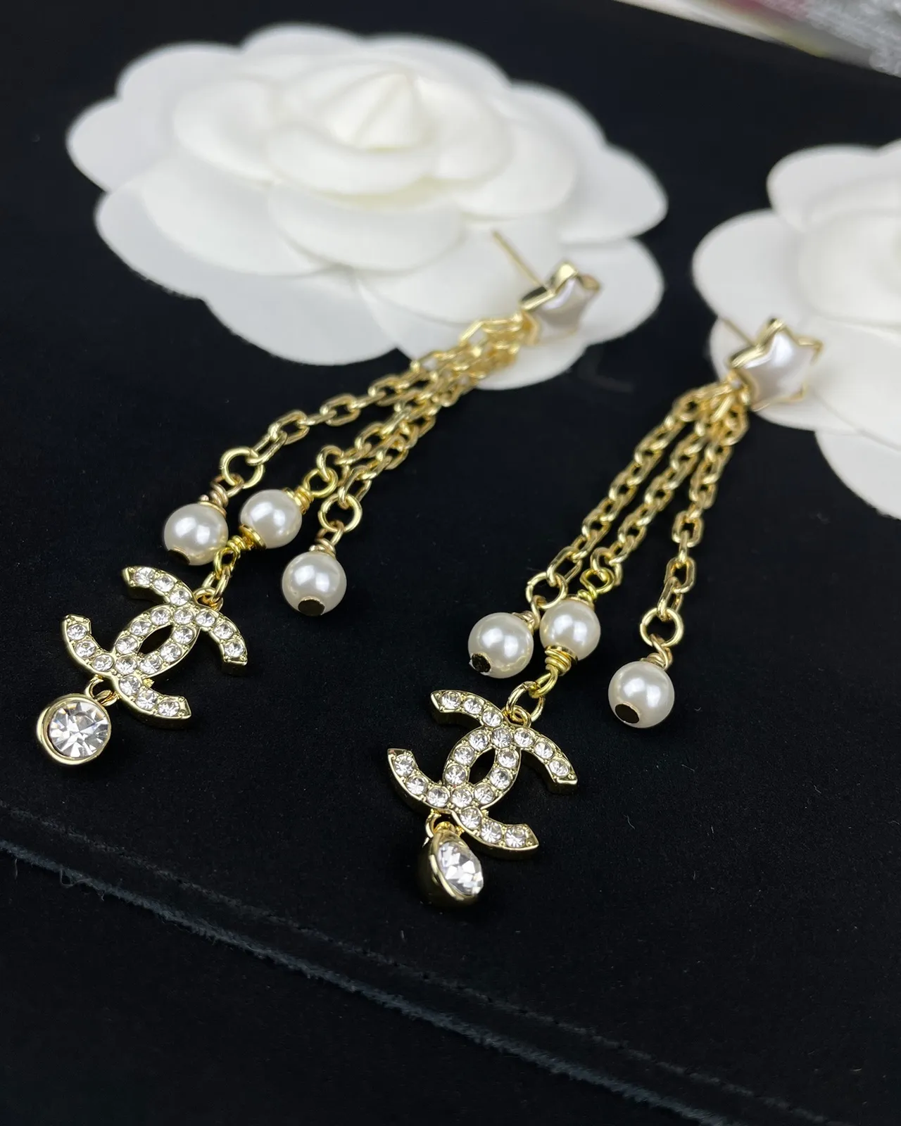Chanel Star Pearl Chain Drop Earrings 6