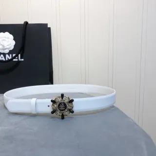 Chanel White Black Smooth Strap Ornate Camellia-Inspired Buckle Leather Belt
