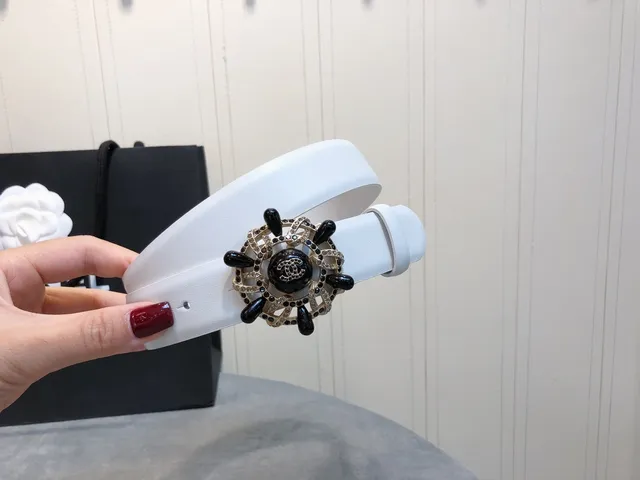 Chanel White Black Smooth Strap Ornate Camellia-Inspired Buckle Leather Belt 5