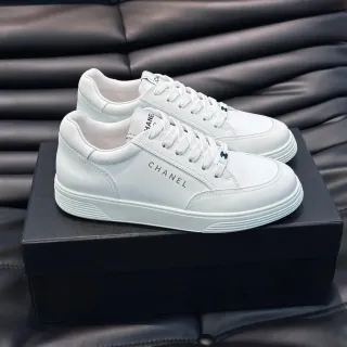 Chanel White Paneled Leather Upper Embossed Branding Lifestyle Sneakers