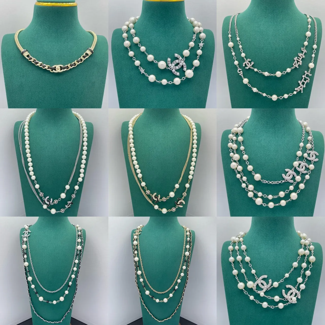 Chanel White Silver Pearl Strand Interlocking CC Logo Necklace 15
