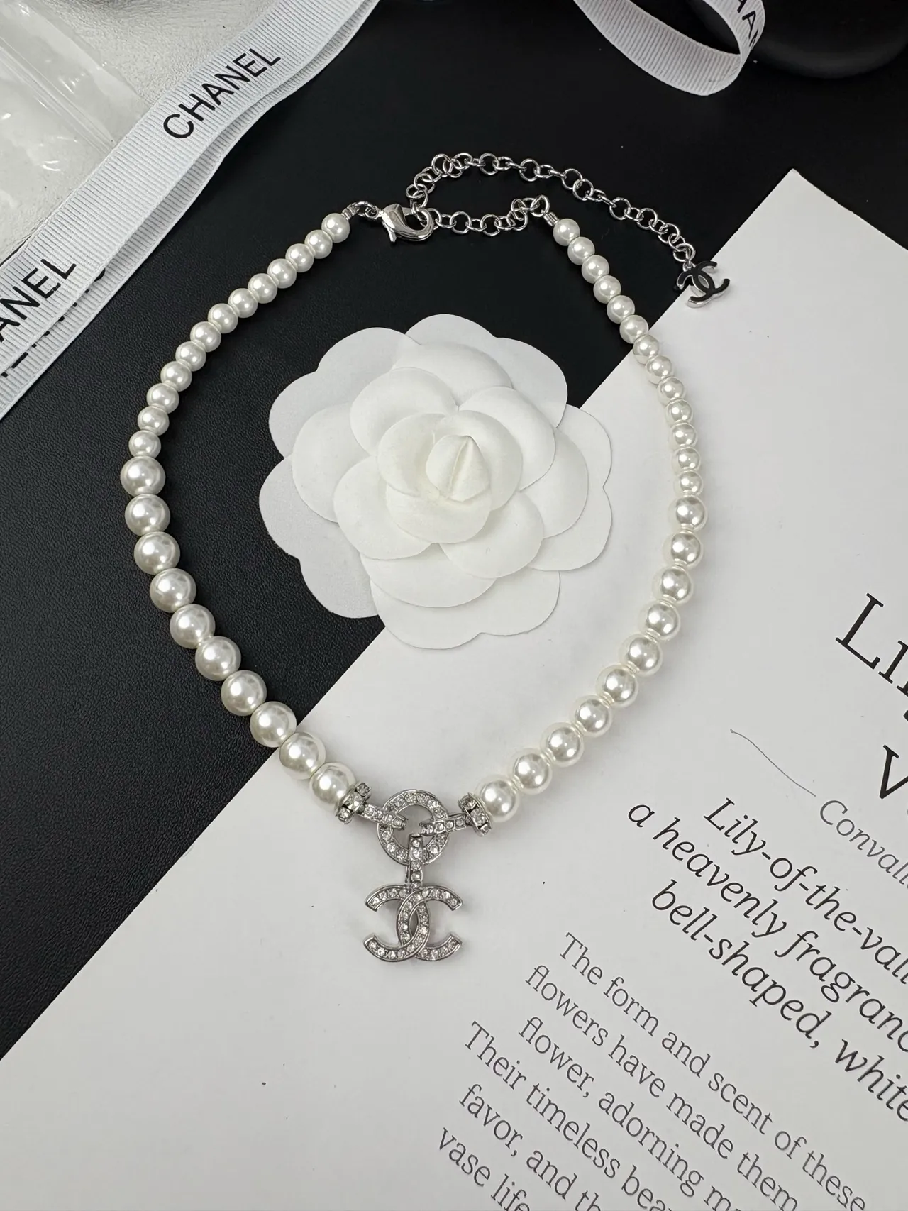 Chanel White Silver Pearl Strand Interlocking CC Logo Necklace 8