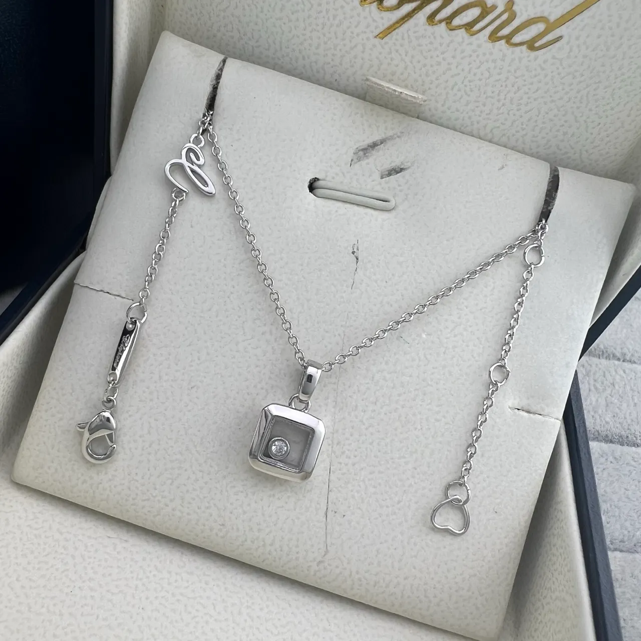 Chopard Gold Silver Square Rotating Bezel Pendant Single Central Diamond Necklace 4