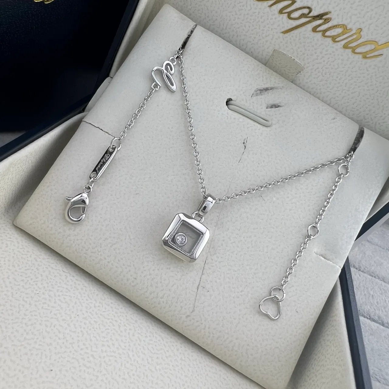 Chopard Gold Silver Square Rotating Bezel Pendant Single Central Diamond Necklace 5