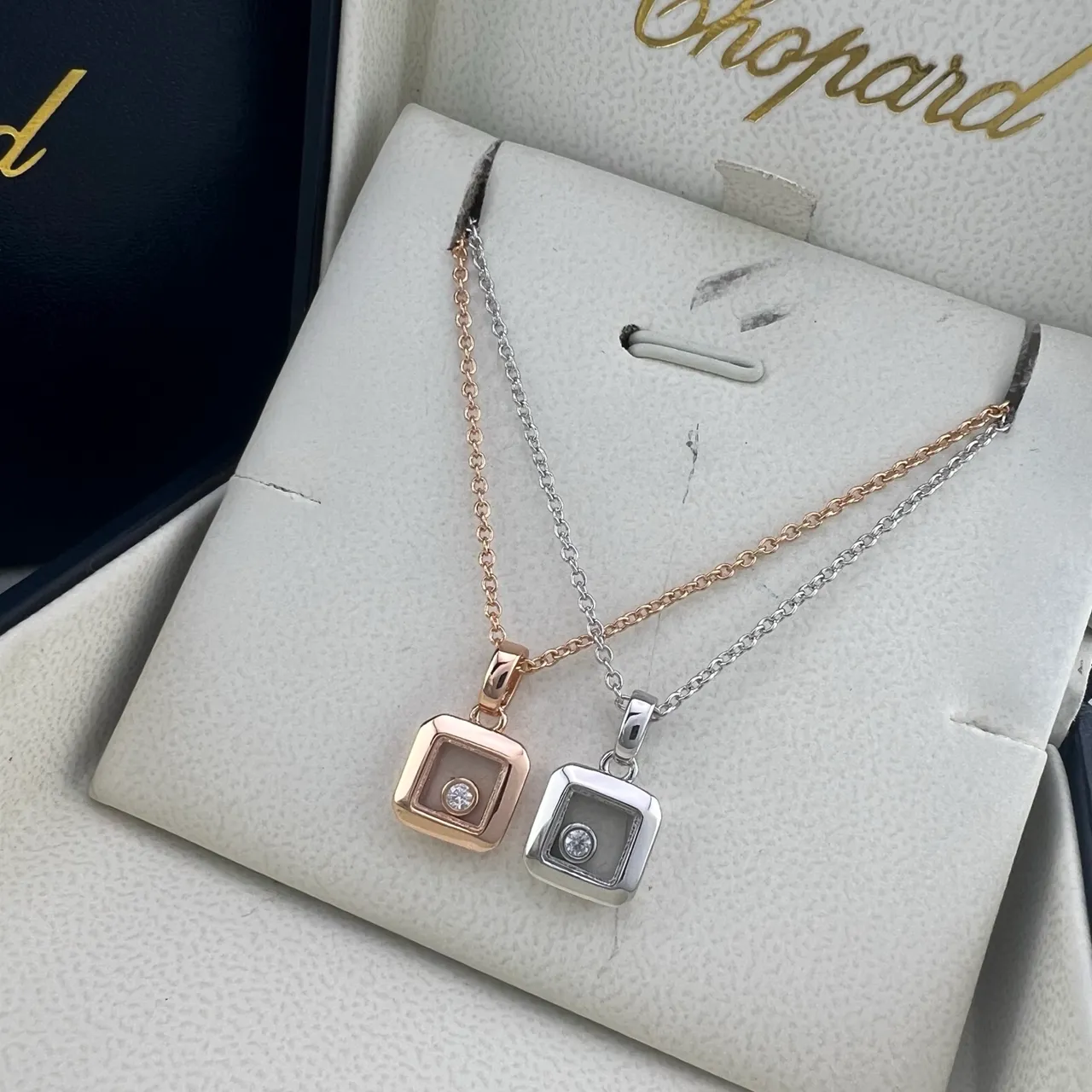 Chopard Gold Silver Square Rotating Bezel Pendant Single Central Diamond Necklace 7