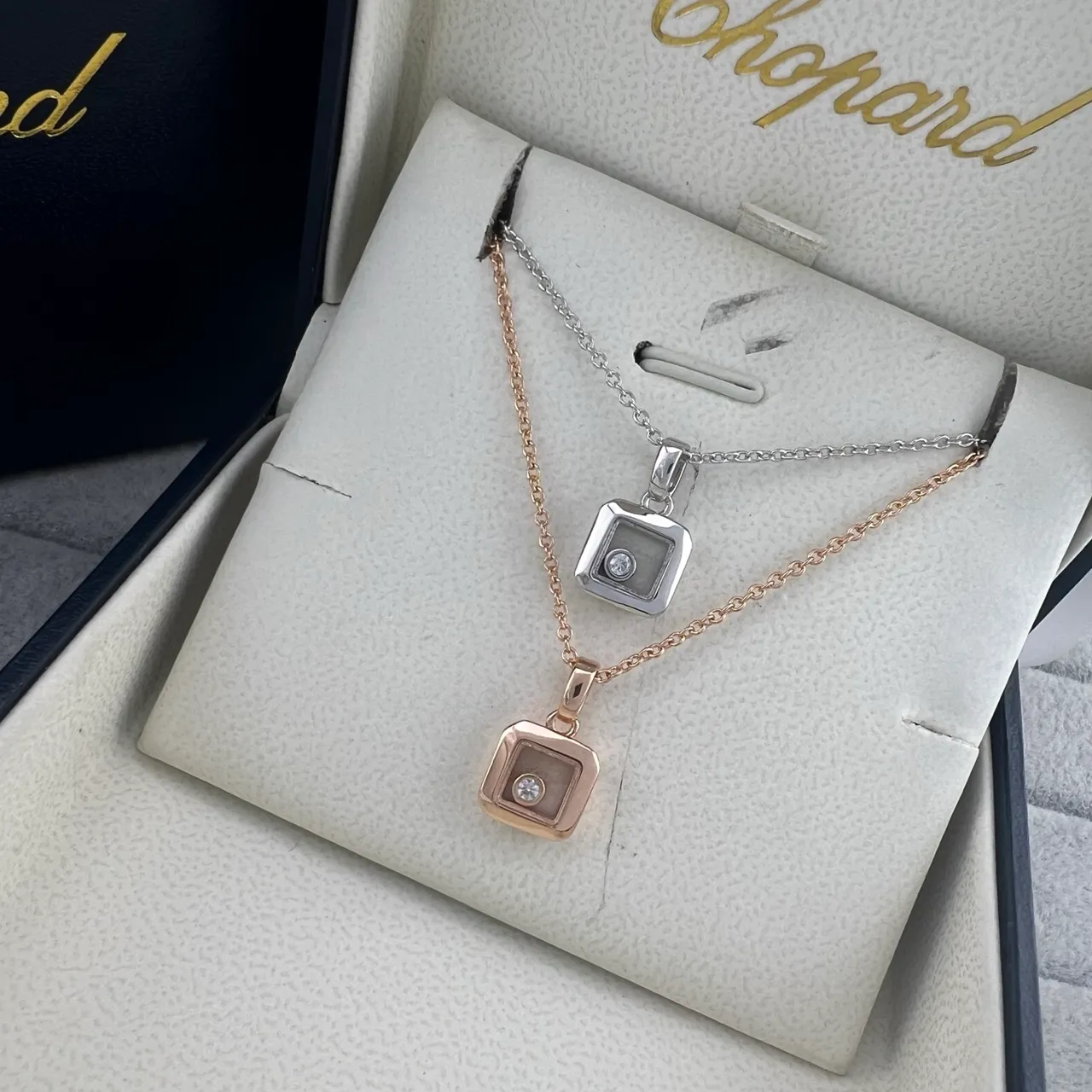 Chopard Gold Silver Square Rotating Bezel Pendant Single Central Diamond Necklace 8