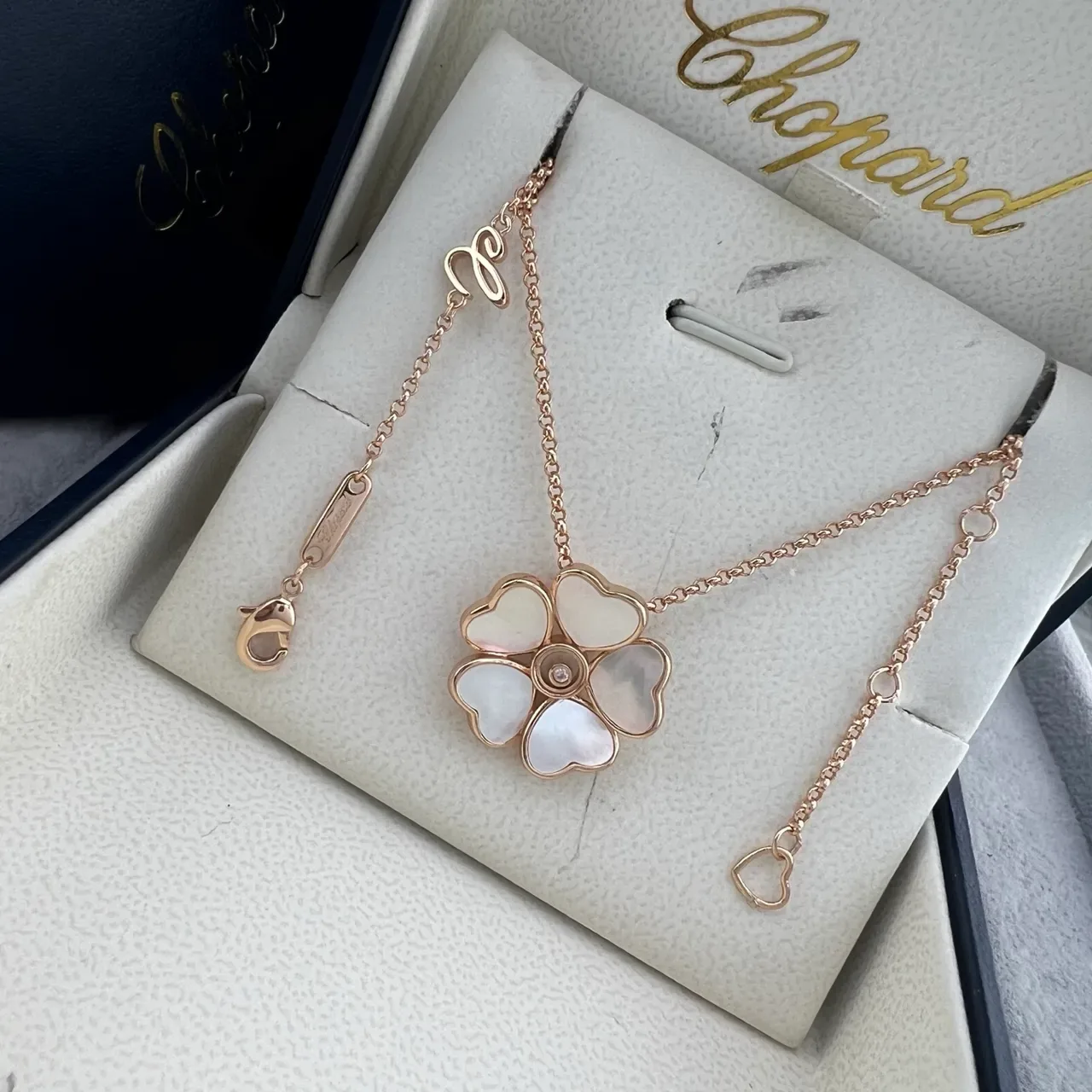 Chopard Happy Hearts Red White Five-Petal Heart-Shaped Floral Pendant Rose Gold Setting Necklace 4