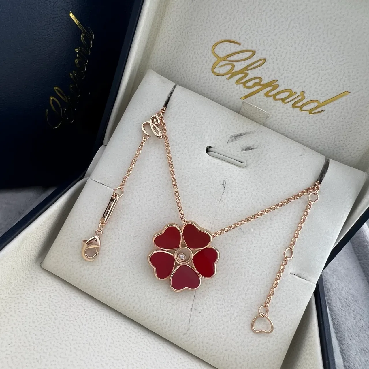 Chopard Happy Hearts Red White Five-Petal Heart-Shaped Floral Pendant Rose Gold Setting Necklace 5