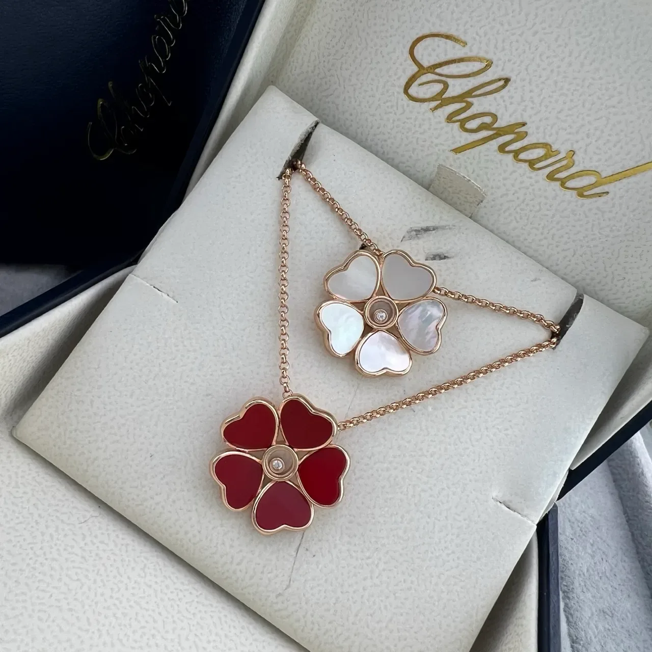 Chopard Happy Hearts Red White Five-Petal Heart-Shaped Floral Pendant Rose Gold Setting Necklace 6