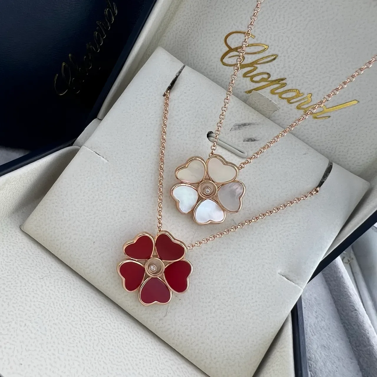 Chopard Happy Hearts Red White Five-Petal Heart-Shaped Floral Pendant Rose Gold Setting Necklace 7