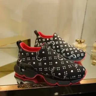Christian Louboutin Black Red Slip-On Embroidered Pattern Chunky Sneakers