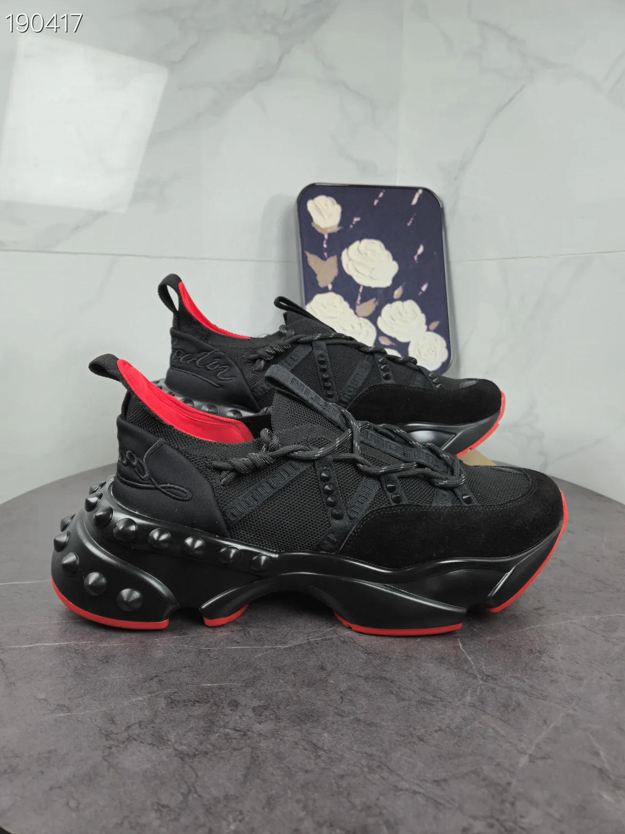 Christian Louboutin منصة مدببة أسود وأحمر حذاء رياضي سميك 5