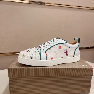 Christian Louboutin White Green Spiked Toe Deconstructed Fabric Panels Lifestyle Sneakers