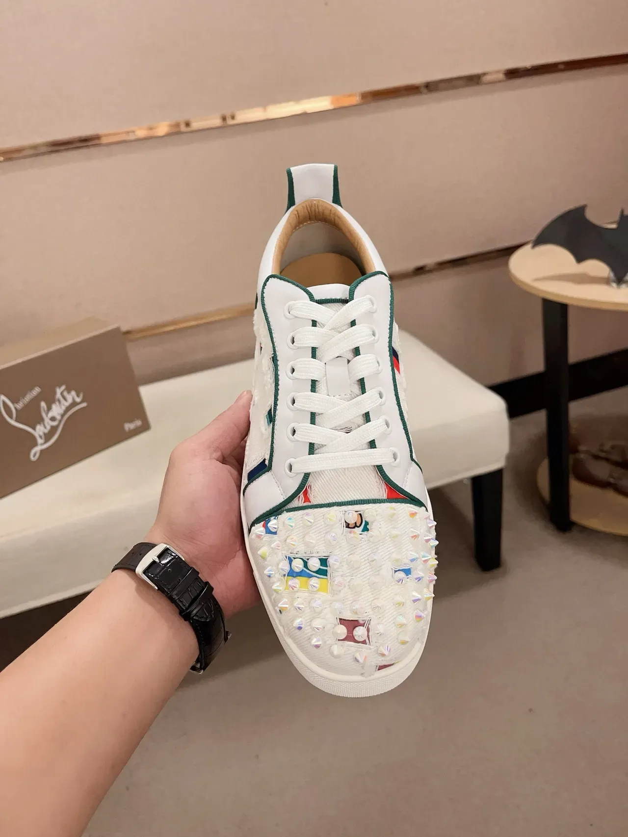 Christian Louboutin Blanc Vert Pointe à picots Panneaux de tissu déconstruits Sneakers lifestyle 2