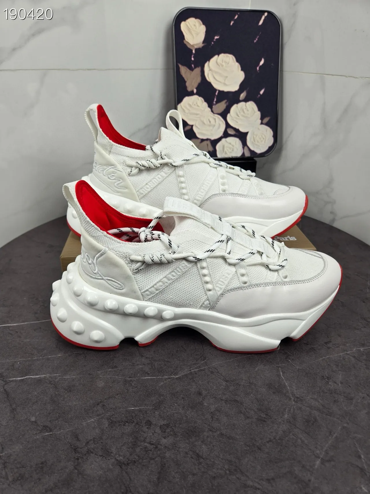 Christian Louboutin Blanc Rouge Semelle Sculptée Upper en Maille Tricotée Chunky Sneakers 3