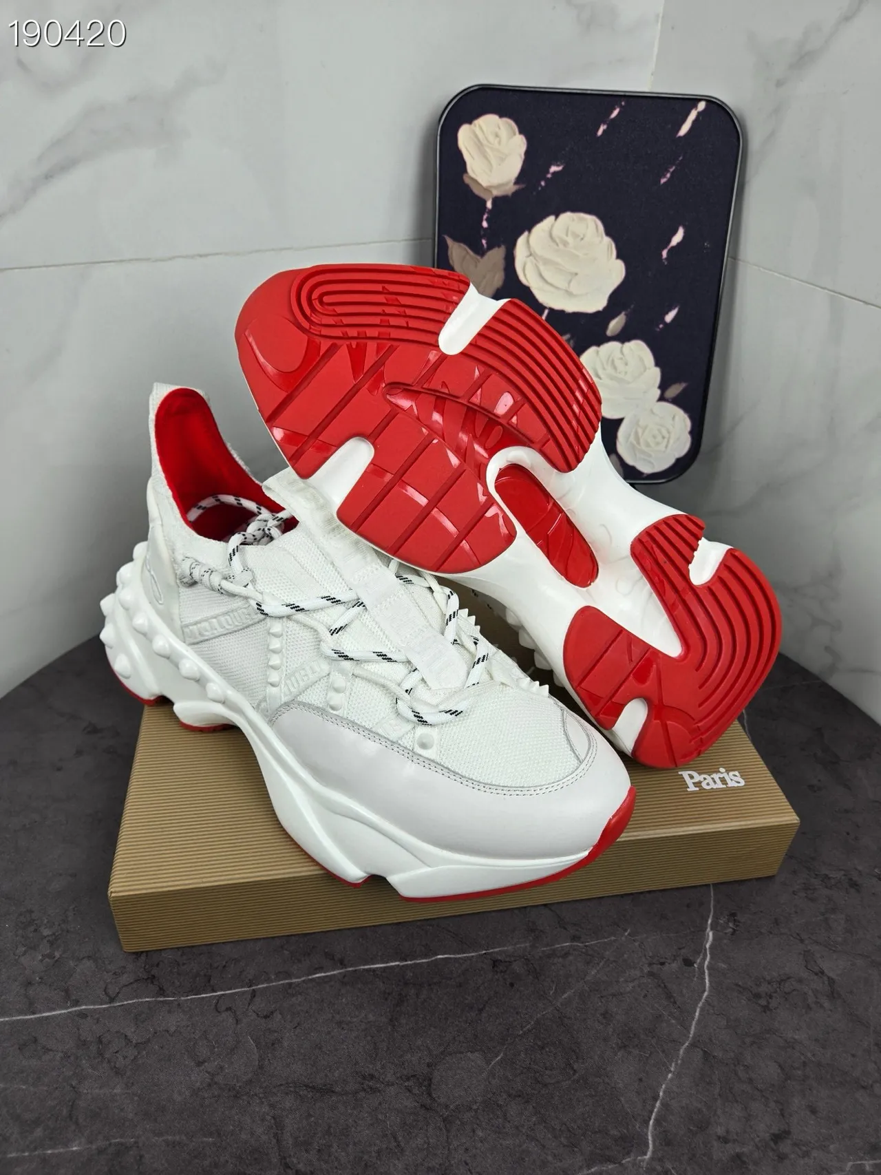 Christian Louboutin Blanc Rouge Semelle Sculptée Upper en Maille Tricotée Chunky Sneakers 4