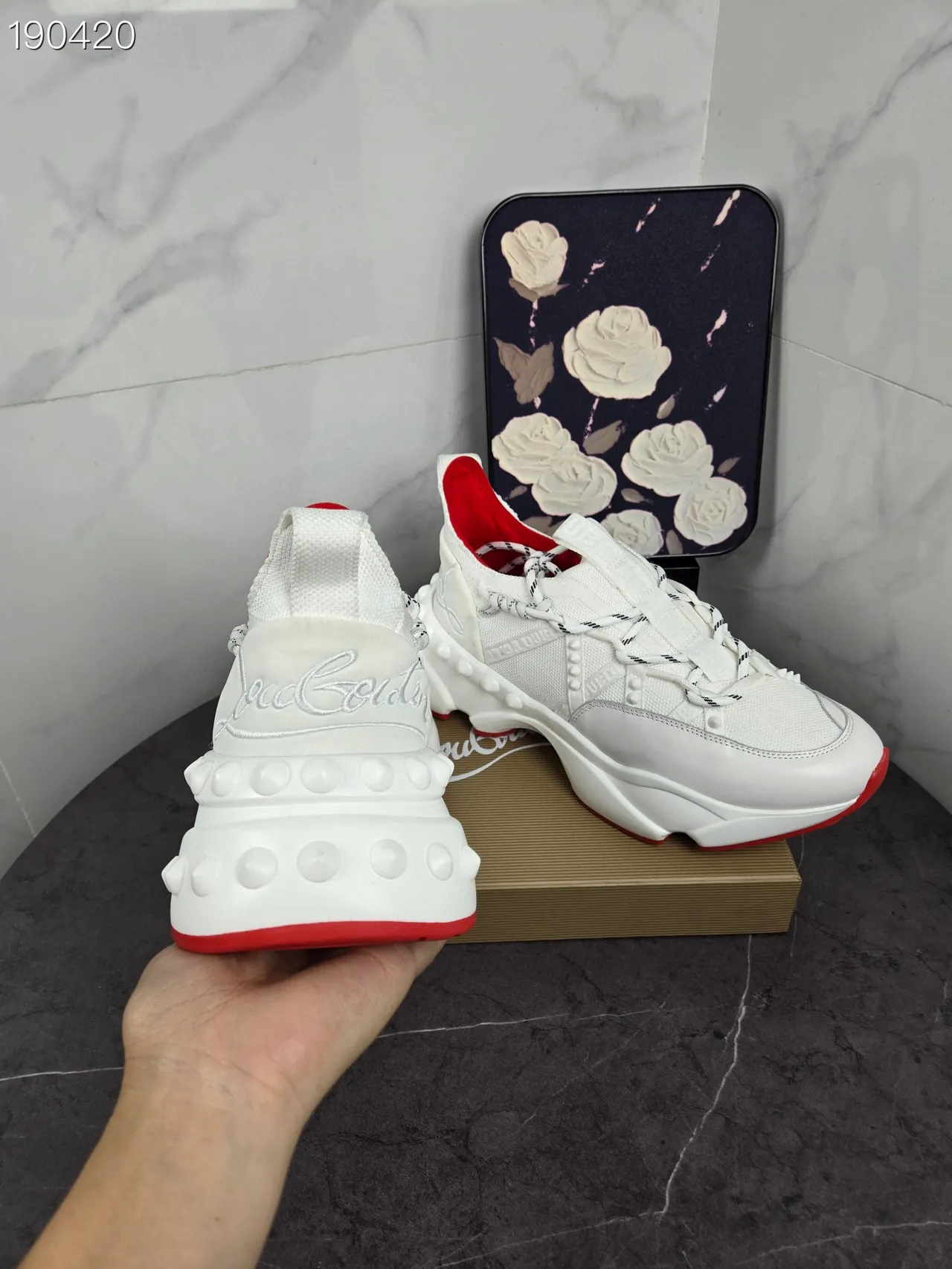 Christian Louboutin Blanc Rouge Semelle Sculptée Upper en Maille Tricotée Chunky Sneakers 7