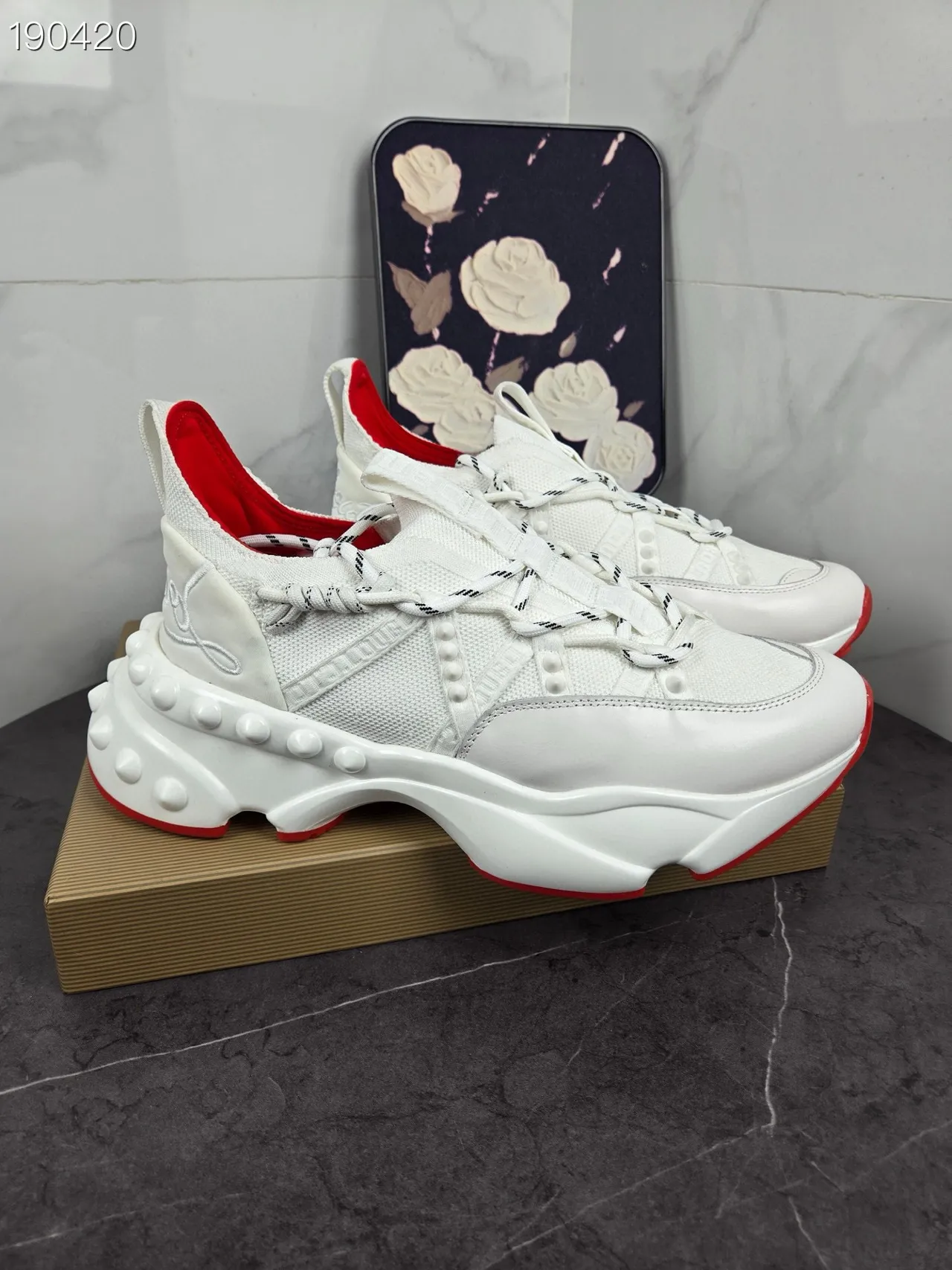 Christian Louboutin Blanc Rouge Semelle Sculptée Upper en Maille Tricotée Chunky Sneakers 8