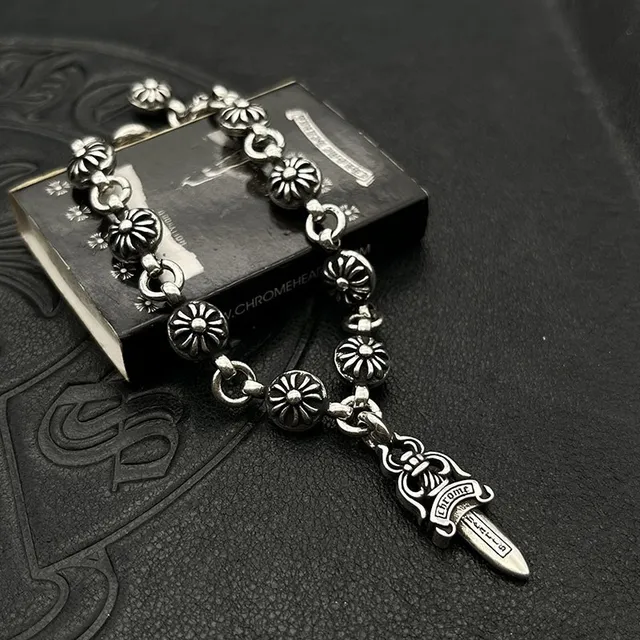 Chrome Hearts Dagger Floral-Link Silver Bracelet 4