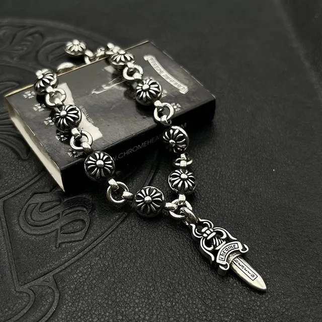 Chrome Hearts Dagger Floral-Link Silver Bracelet 7