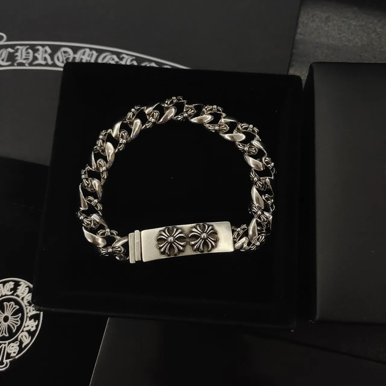 Chrome Hearts Double Flower Curb Link Silver Bracelet 4